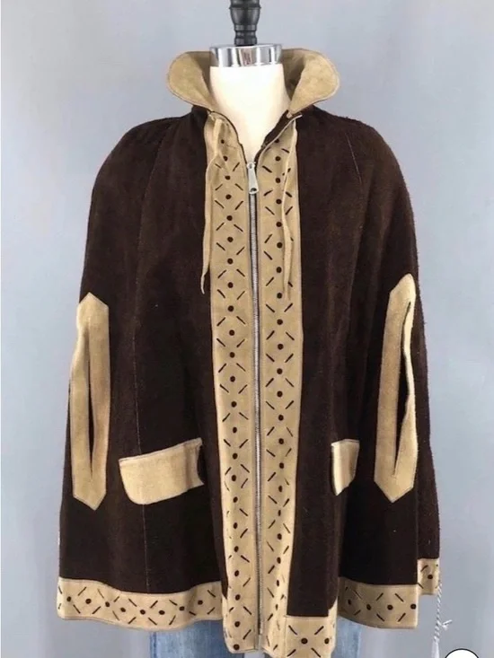 Vintage Leather Cape Poncho Hippie Jacket Size OS Tan Brown Zipper Front Western - Picture 10 of 13